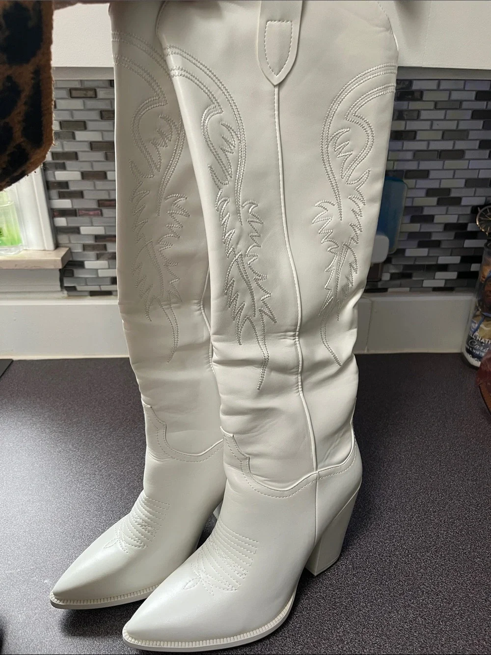 White Leather Knee-High Western Boots for Women